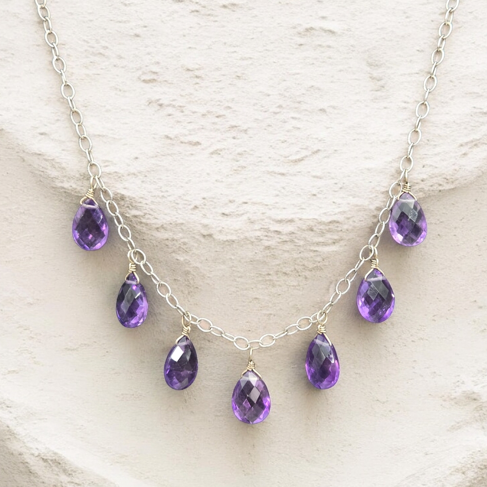 Sterling Silver Necklace Briole Amethyst Teardrops